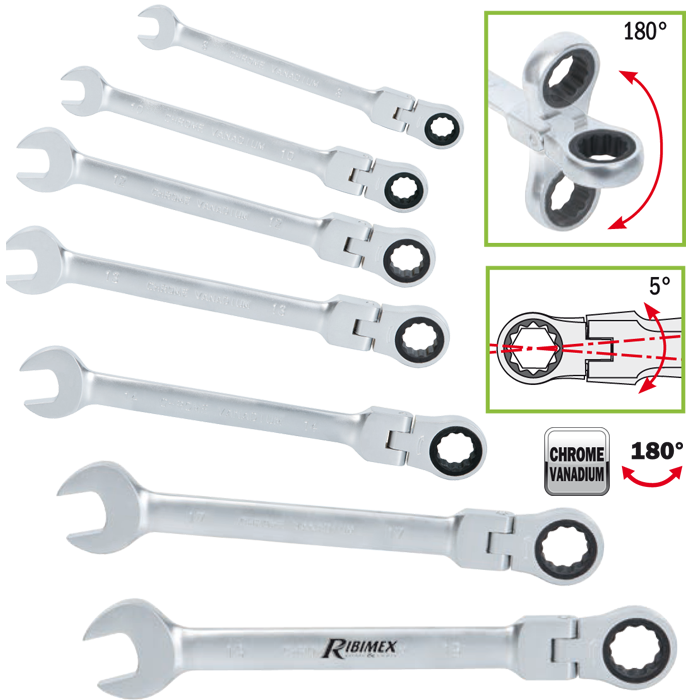 Lot de 7 clés mixtes à cliquet chrome vanadium - oeillet articulé 180° - Zoom3